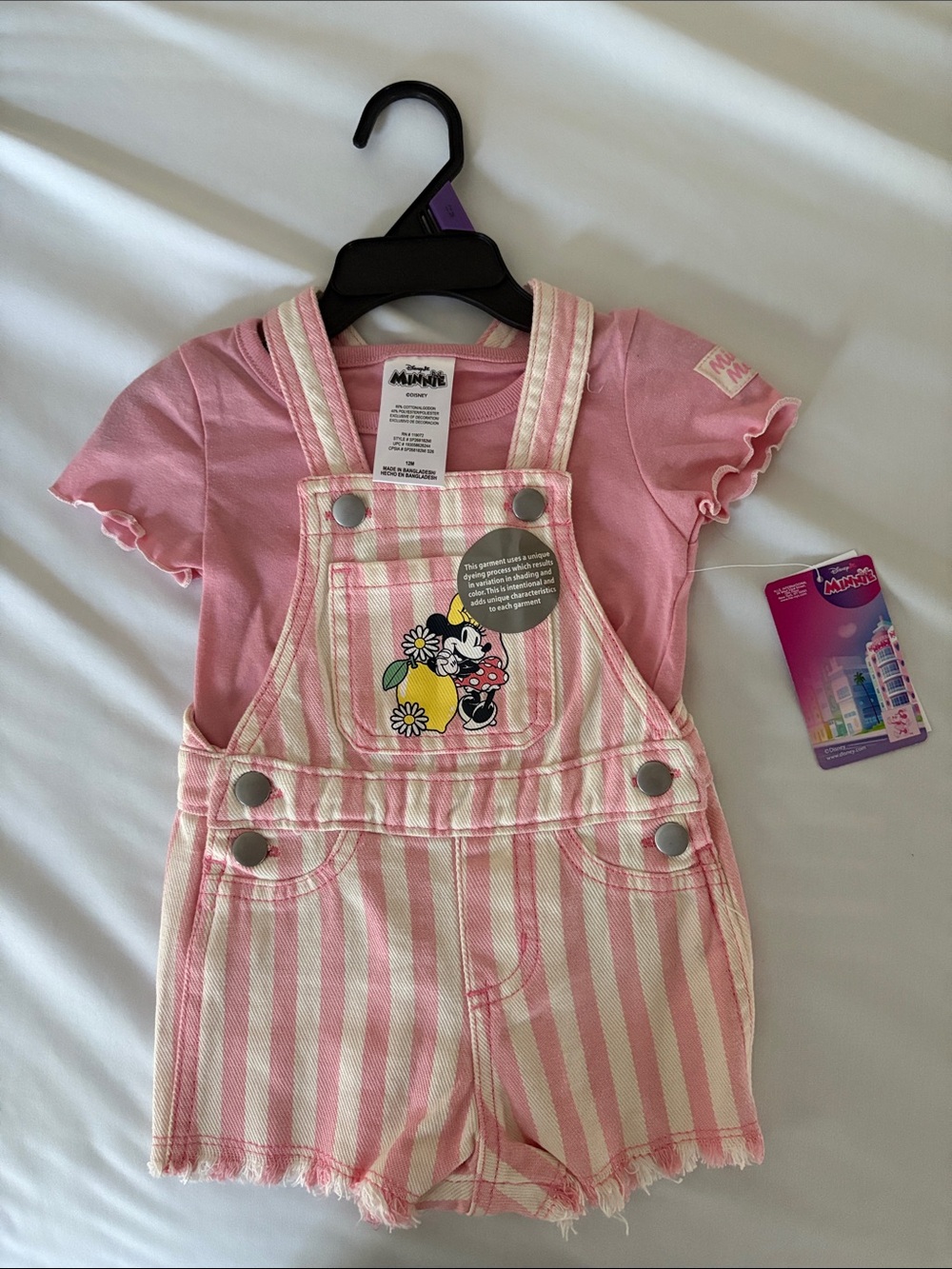 Disney Pink and White Striped Minnie Overalls with Pink Tee